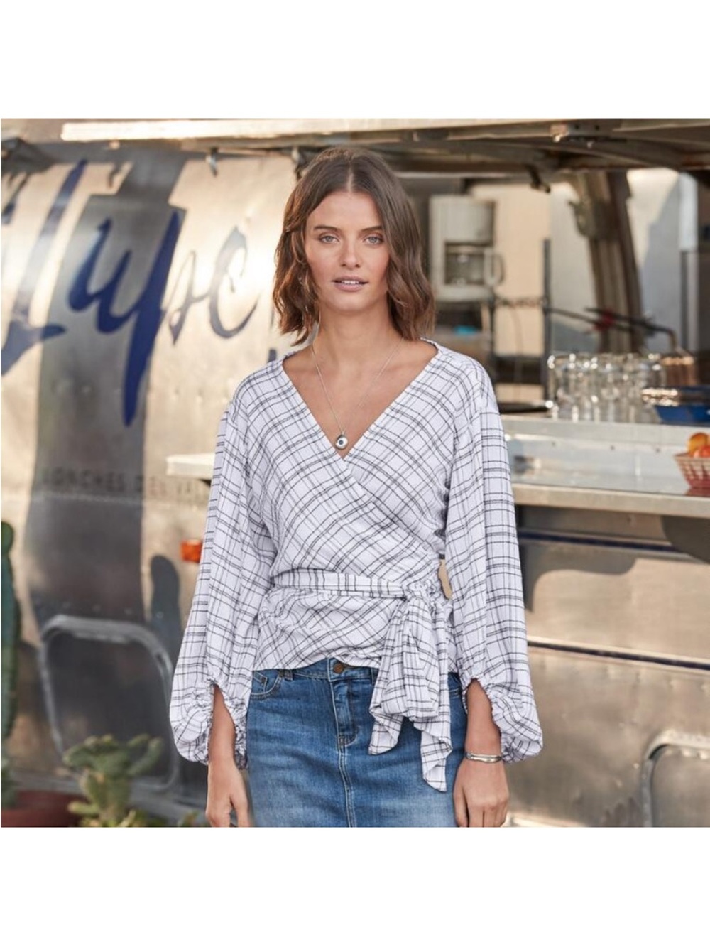 Sundance Dora Window Pane Wrap Top Blouse Small